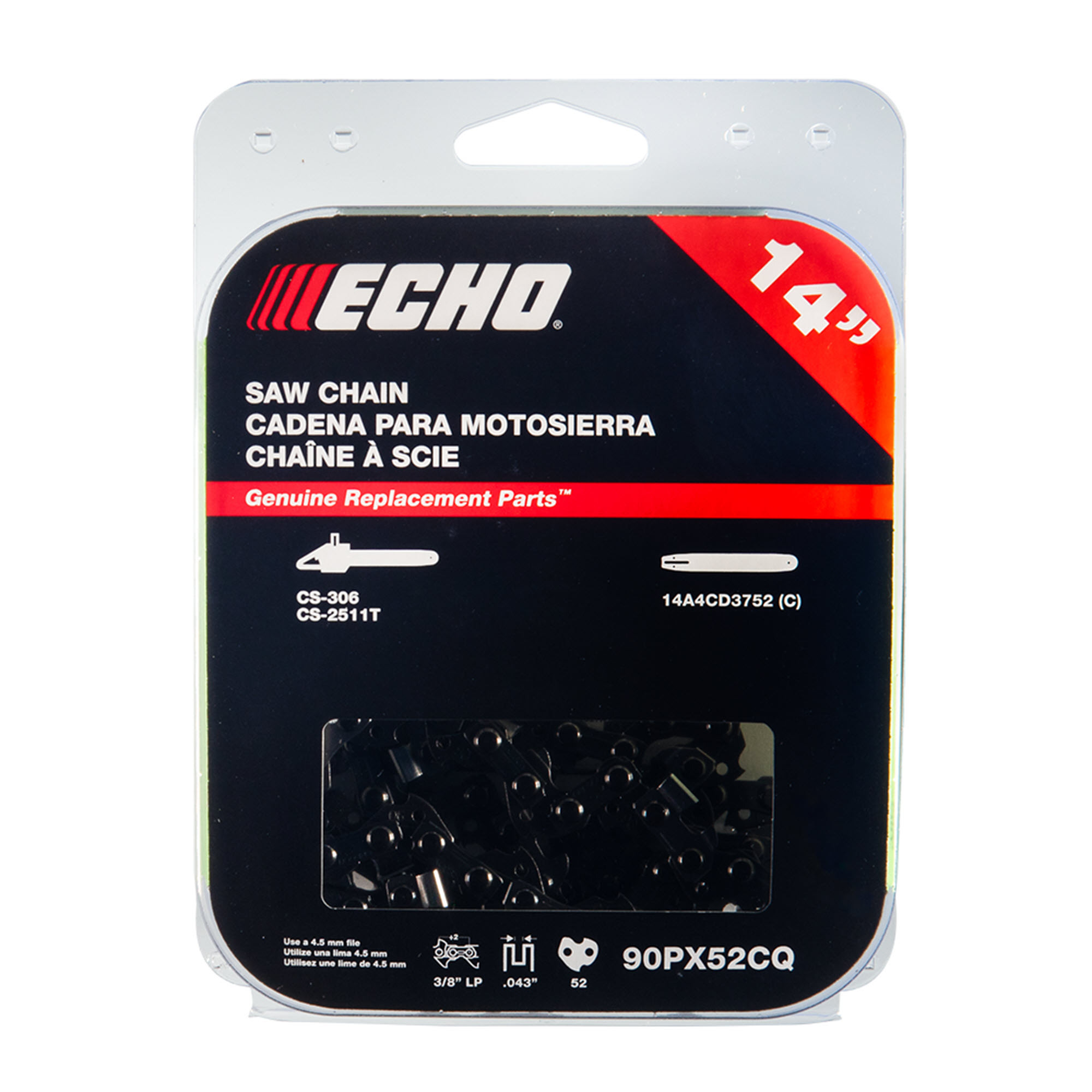 ECHO, 14" 90PX chainsaw chain, 52 drive links, fits narrow kerf bars, Pitch 3/8", Guage 0.043", For use on ECHO chainsaws CS-2511P & CS-2511T, Compatible with ECHO guide bar model 14A4CD2745C, Model #90PX52CQ